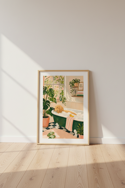 Golden Retriever Bathroom Wall Art Print | Boho Dog Decor | Whimsical Poster