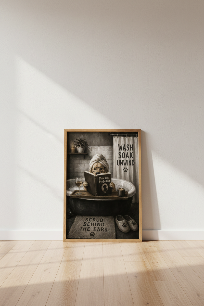 Funny Golden Retriever Bath Wall Art | Moody Bathroom Posters, Dog Lover Gift
