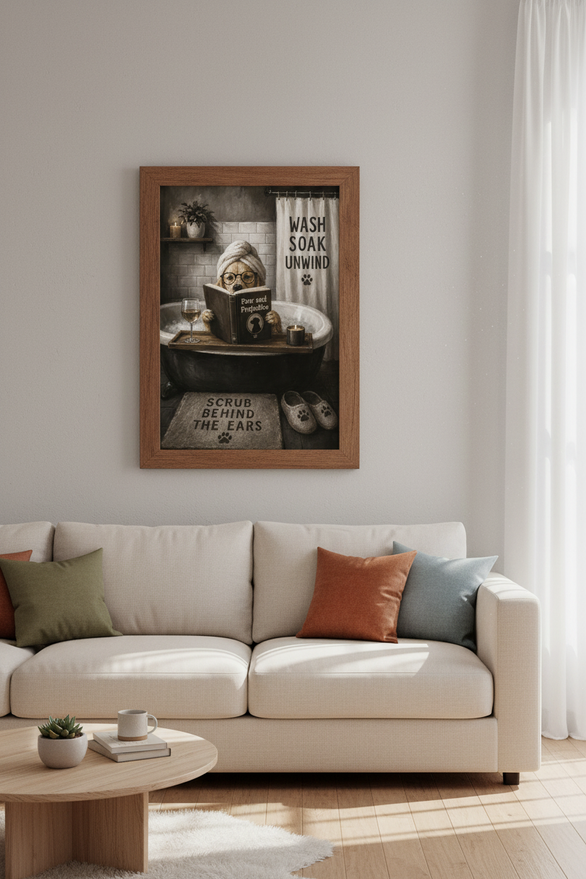 Funny Golden Retriever Bath Wall Art | Moody Bathroom Posters, Dog Lover Gift