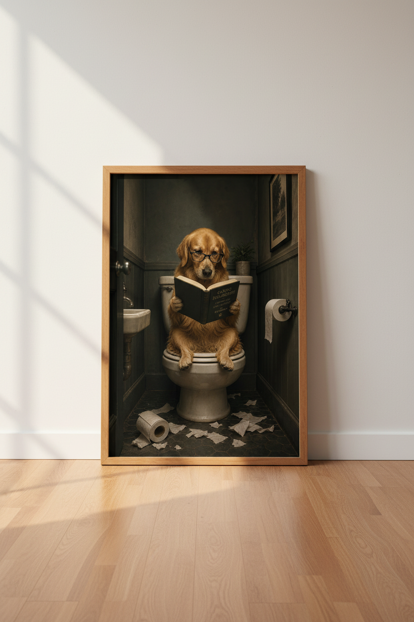 Golden Retriever on Toilet Wall Art | Funny Dog Bathroom Decor | Dark Academia Poster