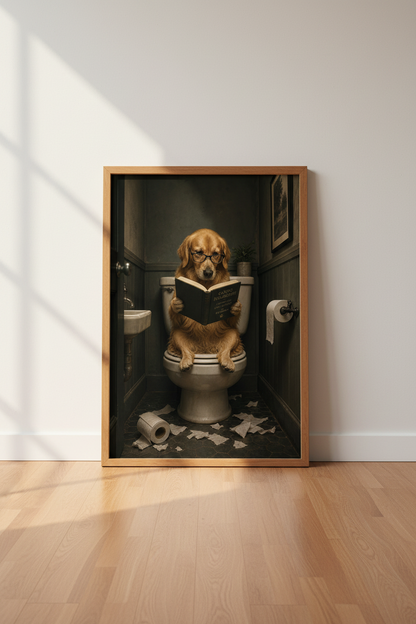Golden Retriever on Toilet Wall Art | Funny Dog Bathroom Decor | Dark Academia Poster