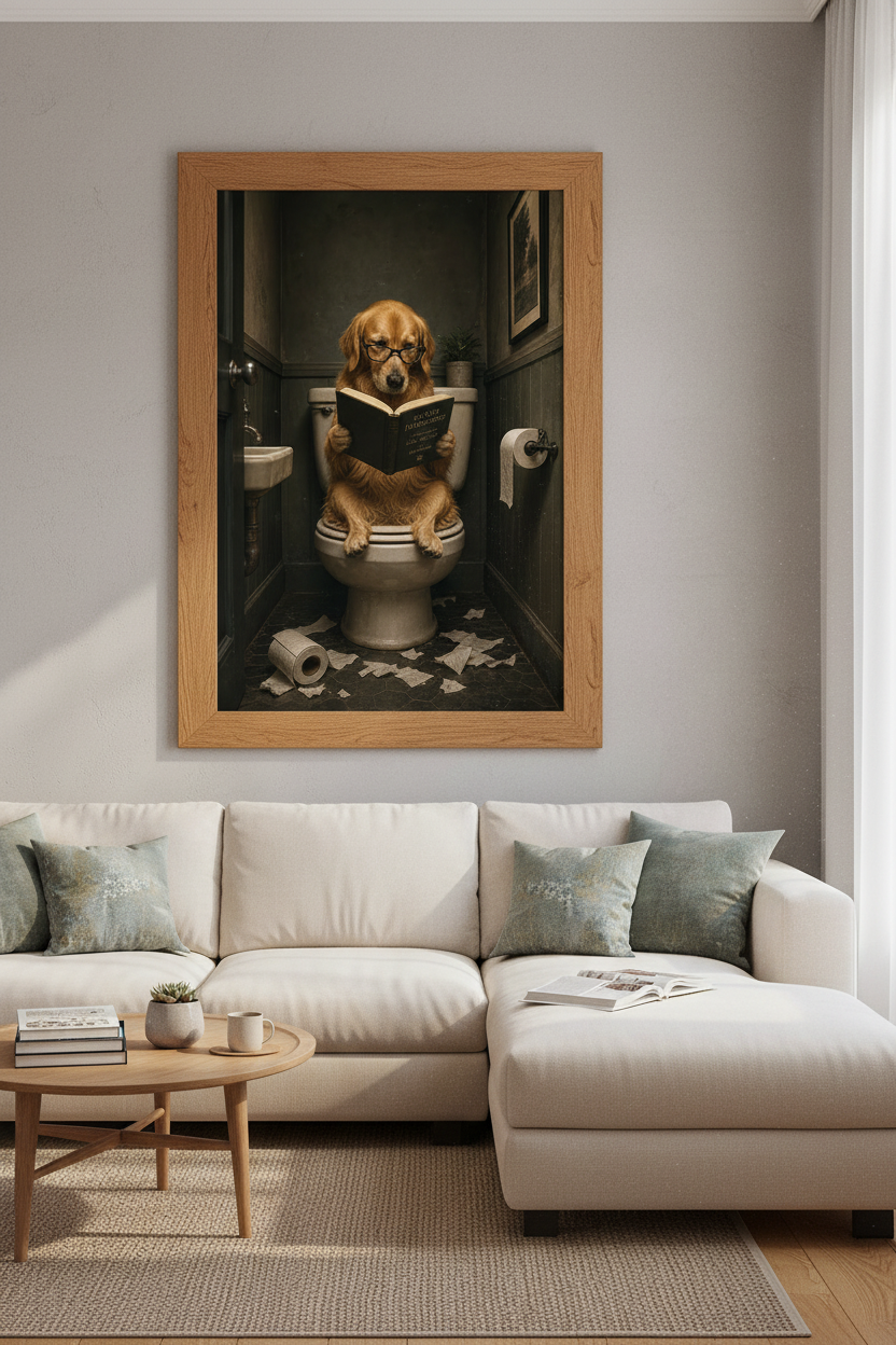 Golden Retriever on Toilet Wall Art | Funny Dog Bathroom Decor | Dark Academia Poster