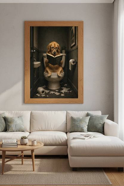 Golden Retriever on Toilet Wall Art | Funny Dog Bathroom Decor | Dark Academia Poster