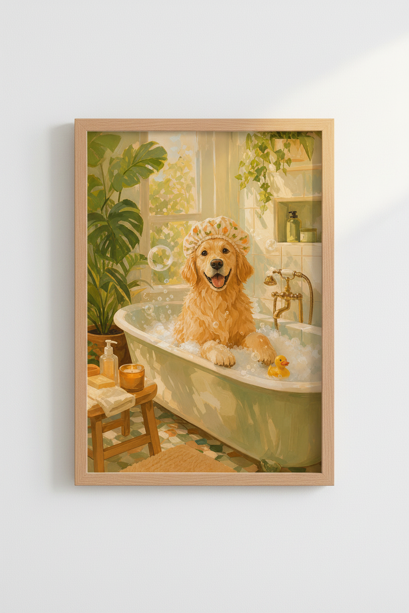 Golden Retriever Bathroom Art Print | Funny Dog Bathtub Poster, Impressionist Style