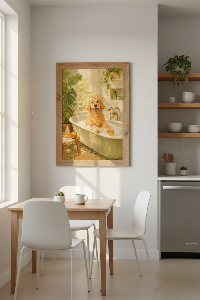 Golden Retriever Bathroom Art Print | Funny Dog Bathtub Poster, Impressionist Style