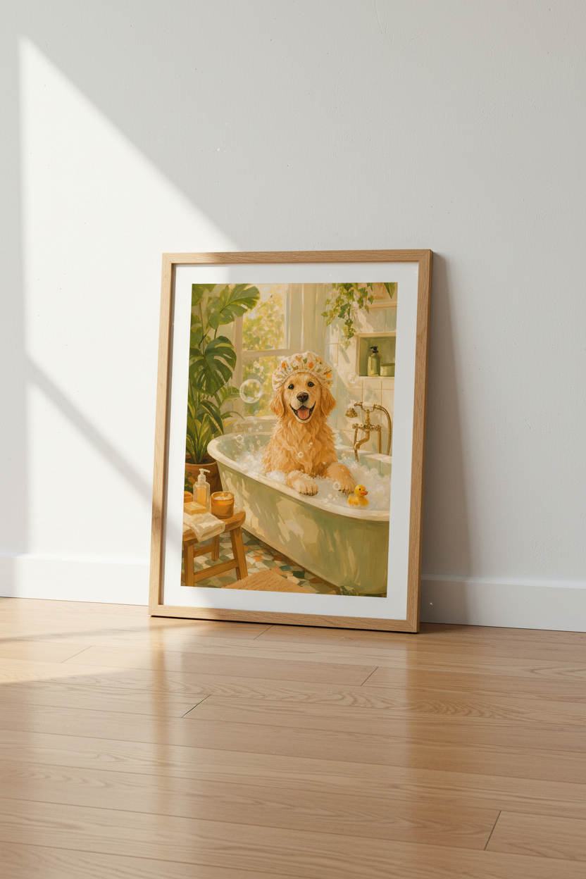 Golden Retriever Bathroom Art Print | Funny Dog Bathtub Poster, Impressionist Style