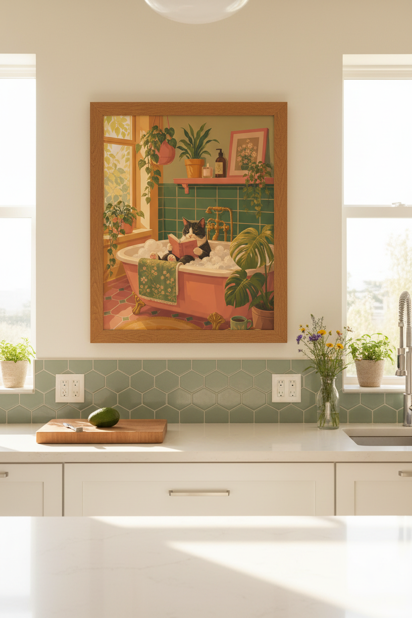 Cat in Bathtub Wall Art Print | Boho Bathroom Decor | Whimsical Maximalist Poster