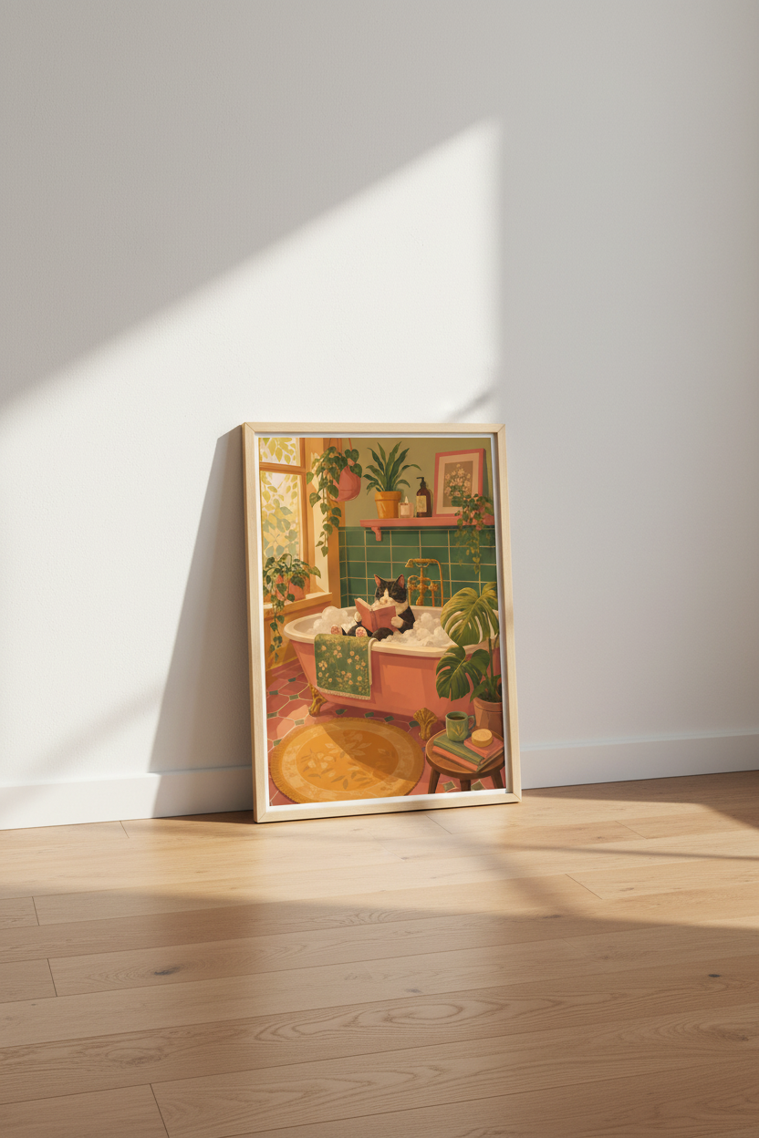 Cat in Bathtub Wall Art Print | Boho Bathroom Decor | Whimsical Maximalist Poster