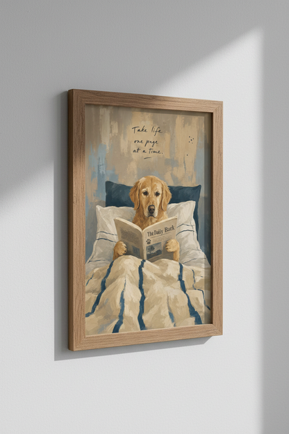 Golden Retriever Reading in Bed Art | Cozy Dog Poster, Bedroom Decor Fine Art