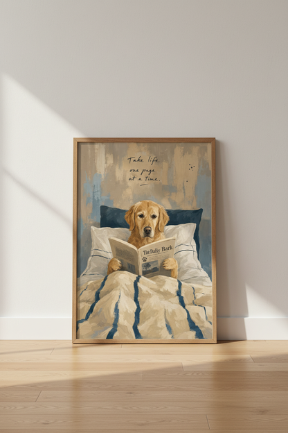 Golden Retriever Reading in Bed Art | Cozy Dog Poster, Bedroom Decor Fine Art