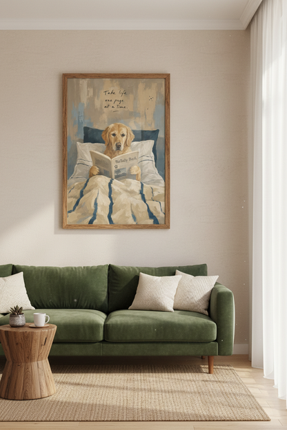 Golden Retriever Reading in Bed Art | Cozy Dog Poster, Bedroom Decor Fine Art