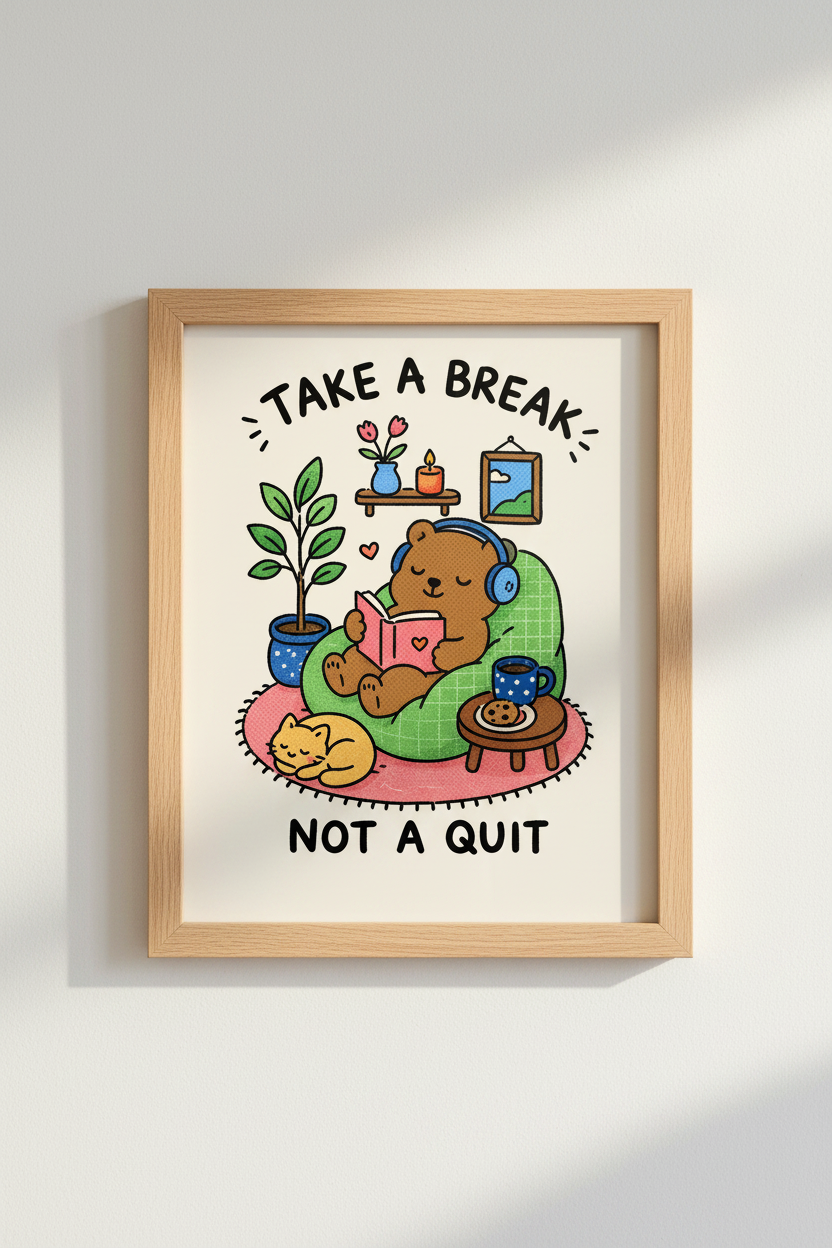 Cute Bear Wall Art | Cozy Cartoon, Soft Pastels | Living Room Decor