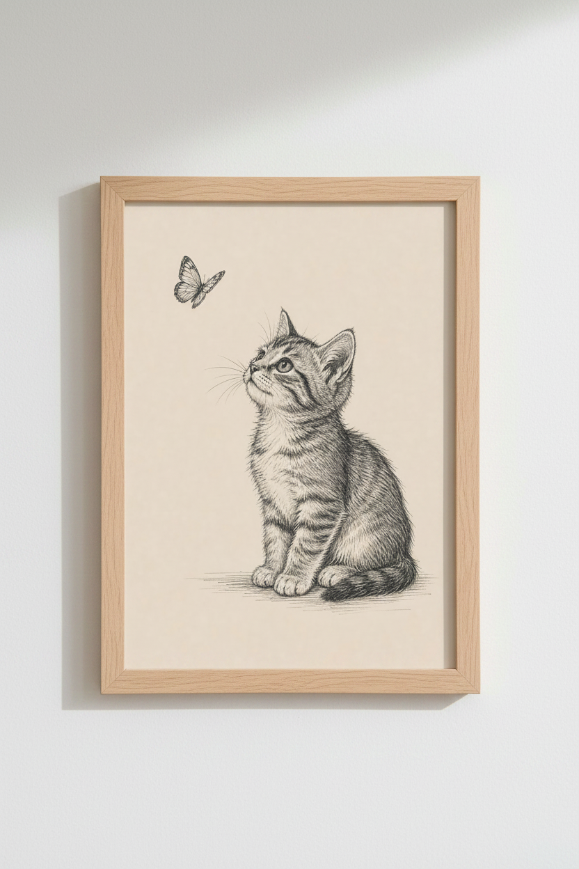 Kitten and Butterfly Sketch | Vintage Ink Drawing, Nursery Wall Art Print