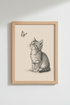 Kitten and Butterfly Sketch | Vintage Ink Drawing, Nursery Wall Art Print