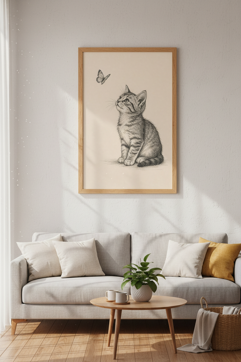 Kitten and Butterfly Sketch | Vintage Ink Drawing, Nursery Wall Art Print