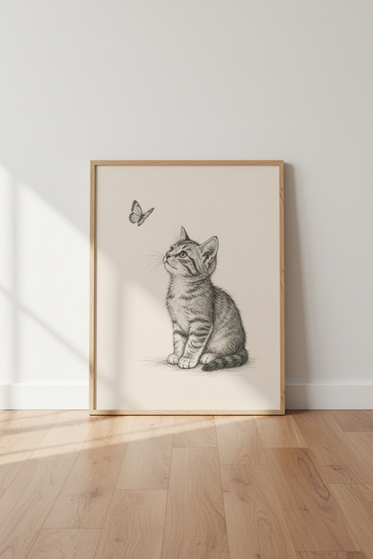 Kitten and Butterfly Sketch | Vintage Ink Drawing, Nursery Wall Art Print