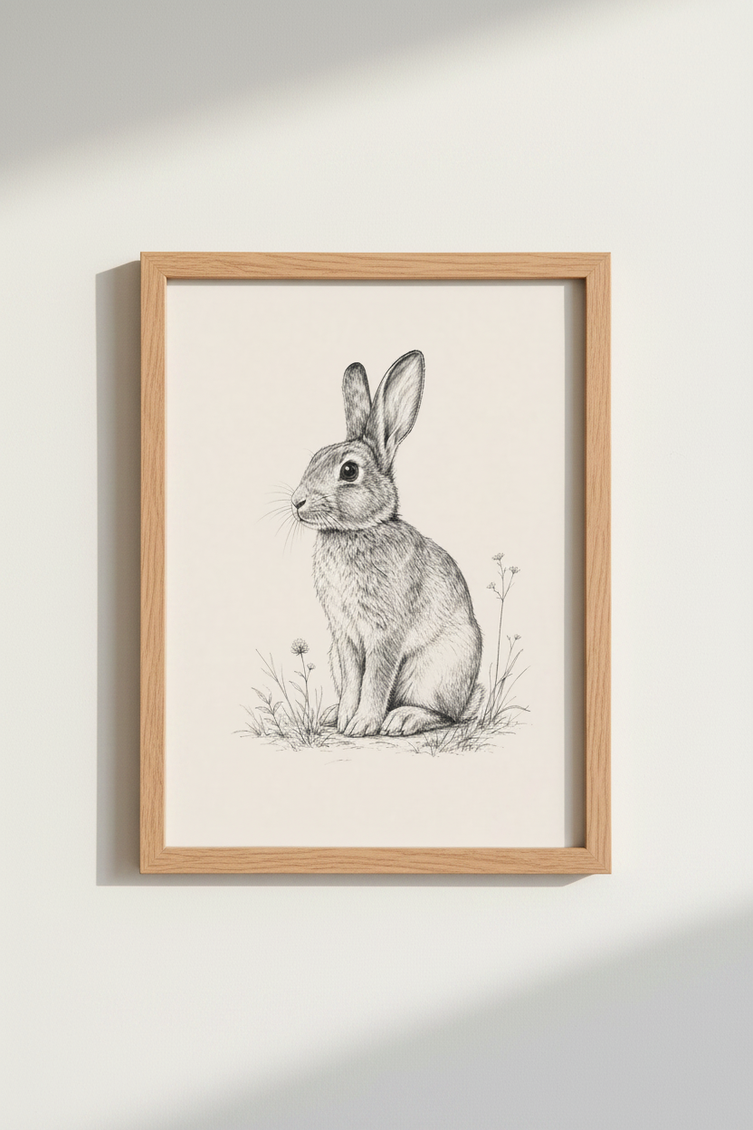 Vintage Rabbit Sketch Art | Minimalist Woodland Print, Nursery Decor