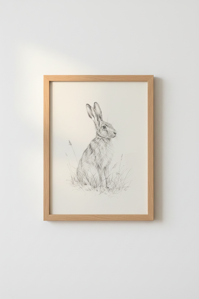 Hare Pencil Sketch Wall Art | Nursery Woodland Decor | Vintage Rabbit Poster
