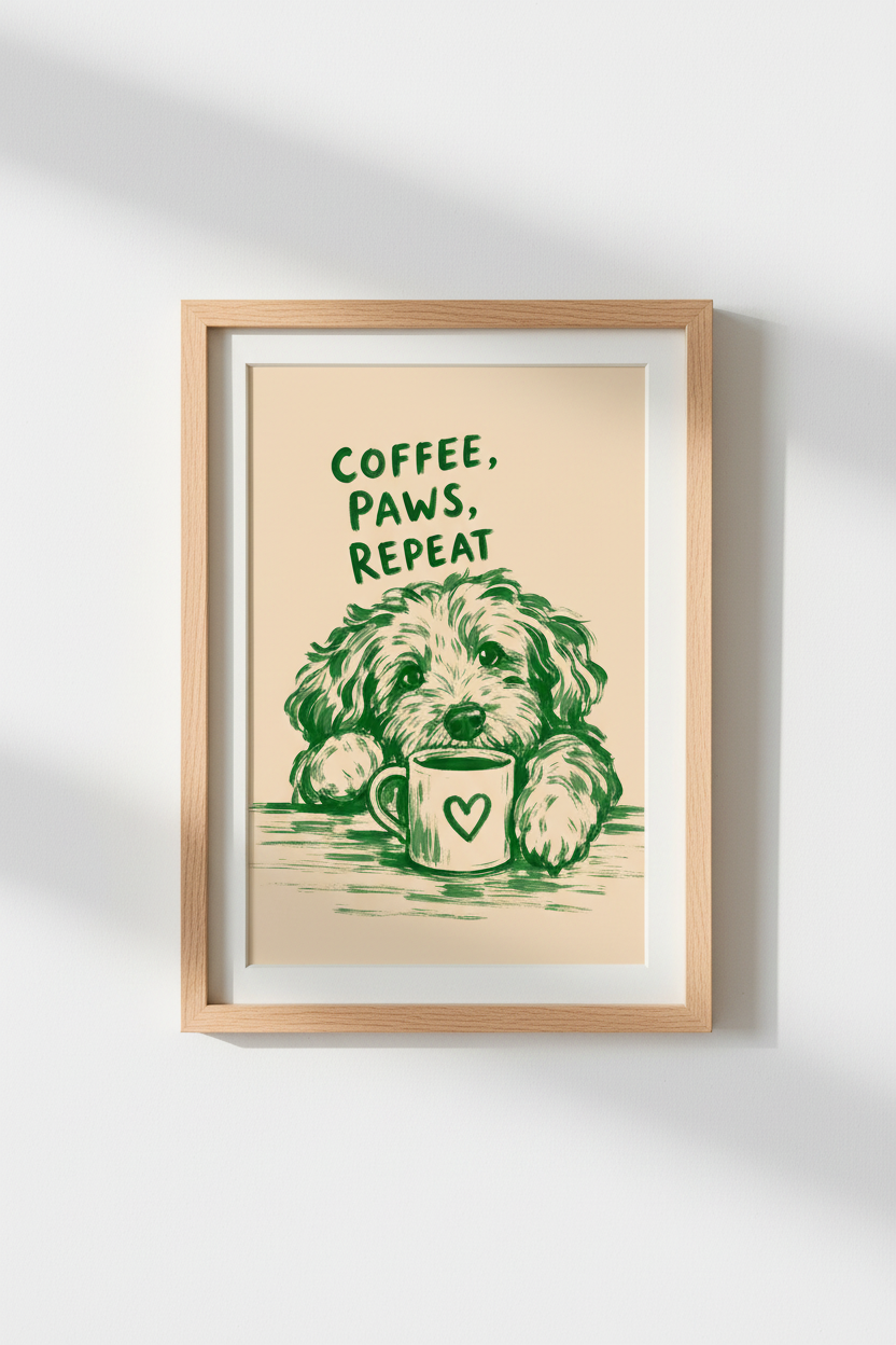 Dog and Coffee Wall Art Print | Green Puppy Kitchen Decor | Cute Pet Poster
