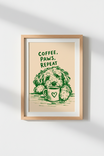 Dog and Coffee Wall Art Print | Green Puppy Kitchen Decor | Cute Pet Poster