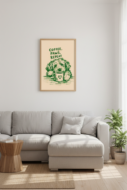 Dog and Coffee Wall Art Print | Green Puppy Kitchen Decor | Cute Pet Poster