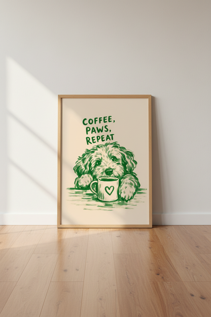 Dog and Coffee Wall Art Print | Green Puppy Kitchen Decor | Cute Pet Poster