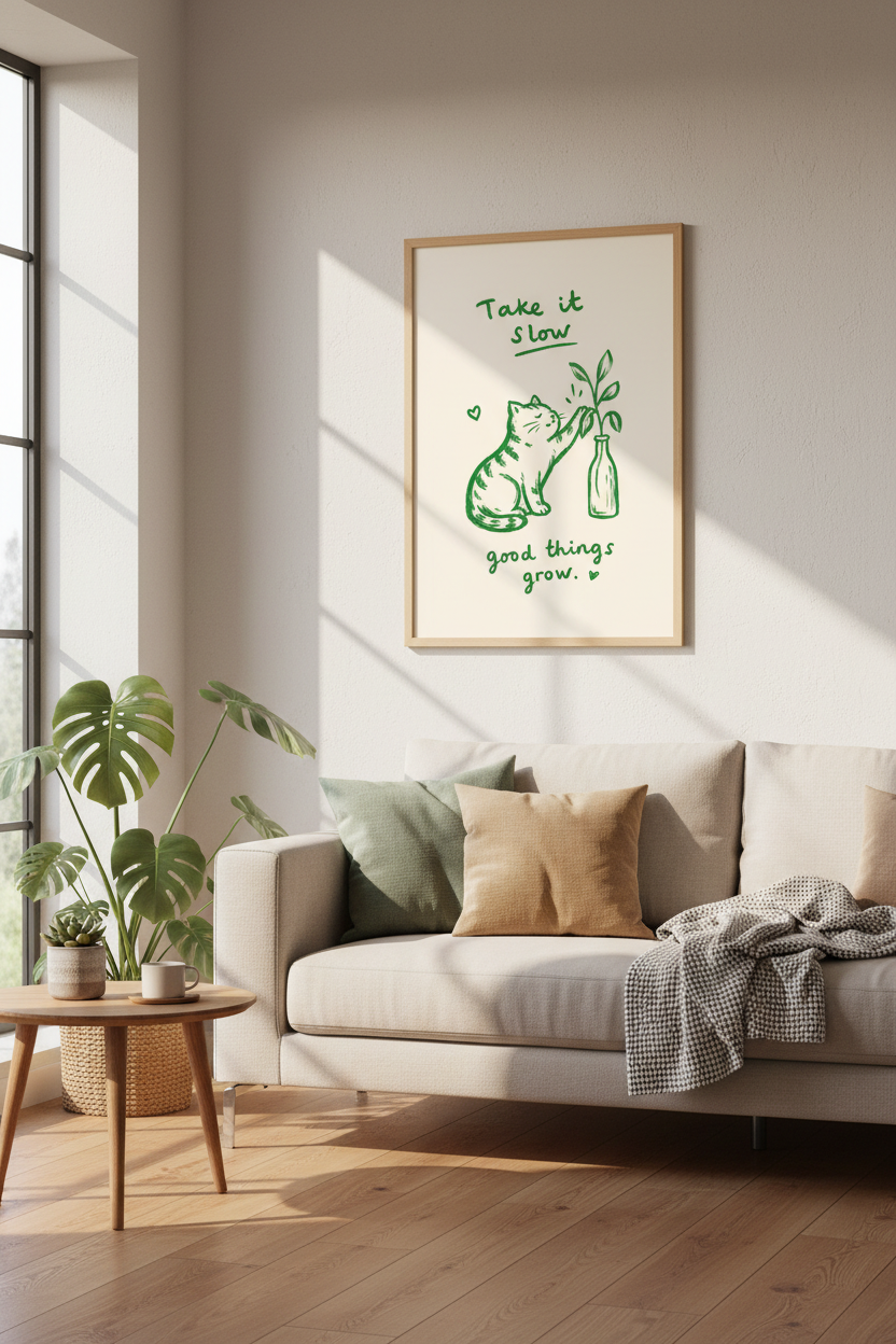 Cat Illustration Wall Art | Cute Kitten &amp; Plants Poster | Sage Green Nursery Decor