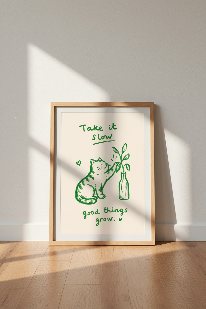 Cat Illustration Wall Art | Cute Kitten &amp; Plants Poster | Sage Green Nursery Decor