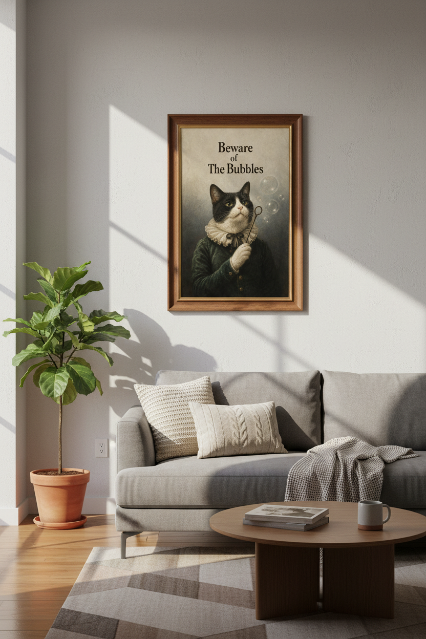 Tuxedo Cat Bubbles Wall Art Print | Victorian Style Decor | Dark Academia Poster