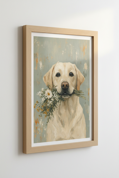 Yellow Labrador with Flowers Painting | Rustic Dog Wall Art, Farmhouse Decor