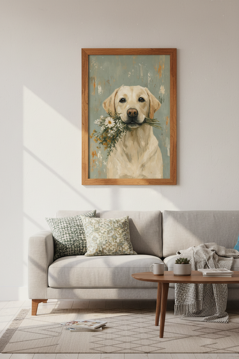 Yellow Labrador with Flowers Painting | Rustic Dog Wall Art, Farmhouse Decor