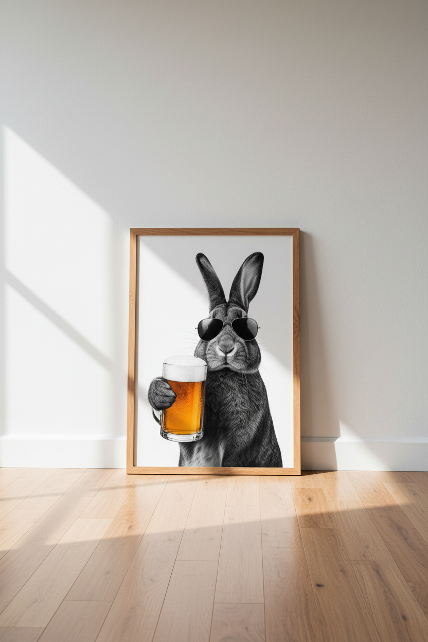 Rabbit Drinking Beer Wall Art | Funny Bar Decor | Cool Bunny Poster