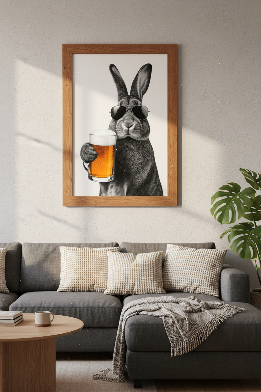 Rabbit Drinking Beer Wall Art | Funny Bar Decor | Cool Bunny Poster