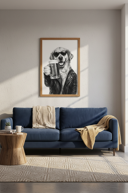 Golden Retriever Beer Art | Cool Dog Poster, Man Cave Wall Decor