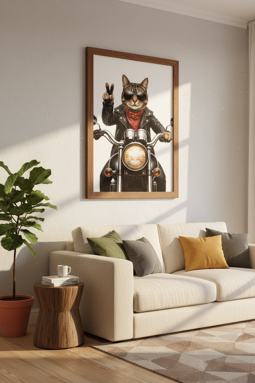 Biker Cat Motorcycle Wall Art Print | Funny Cool Cat Decor | Modern Pet Poster