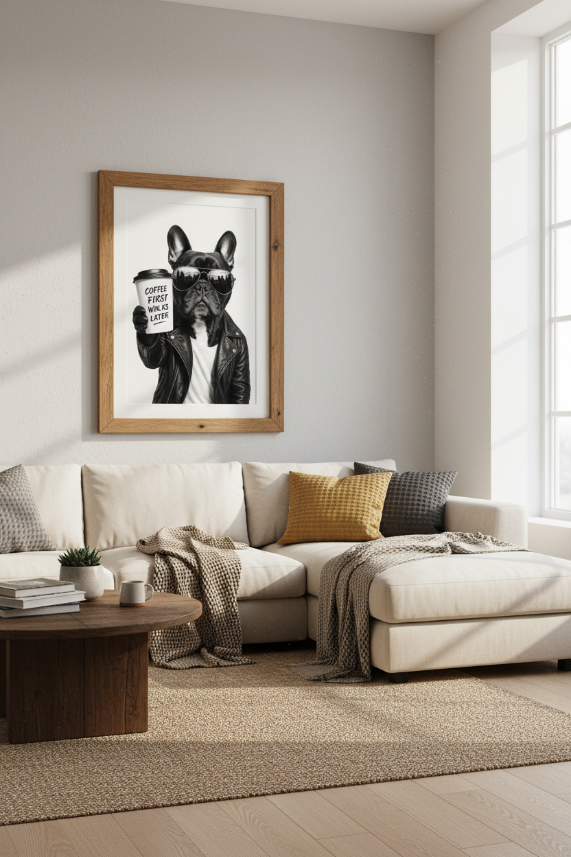 Frenchie Coffee First Wall Art | Black and White Dog Poster, Modern Home Decor