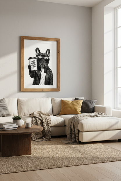 Frenchie Coffee First Wall Art | Black and White Dog Poster, Modern Home Decor