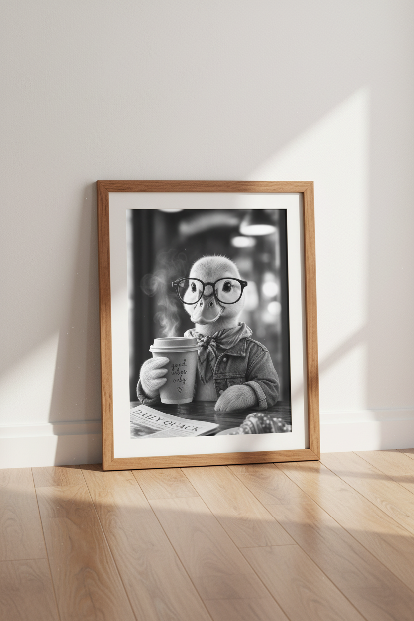 Duckling with Coffee Wall Art | Black and White Animal Print, Cafe Kitchen Decor