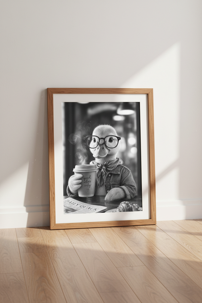 Duckling with Coffee Wall Art | Black and White Animal Print, Cafe Kitchen Decor