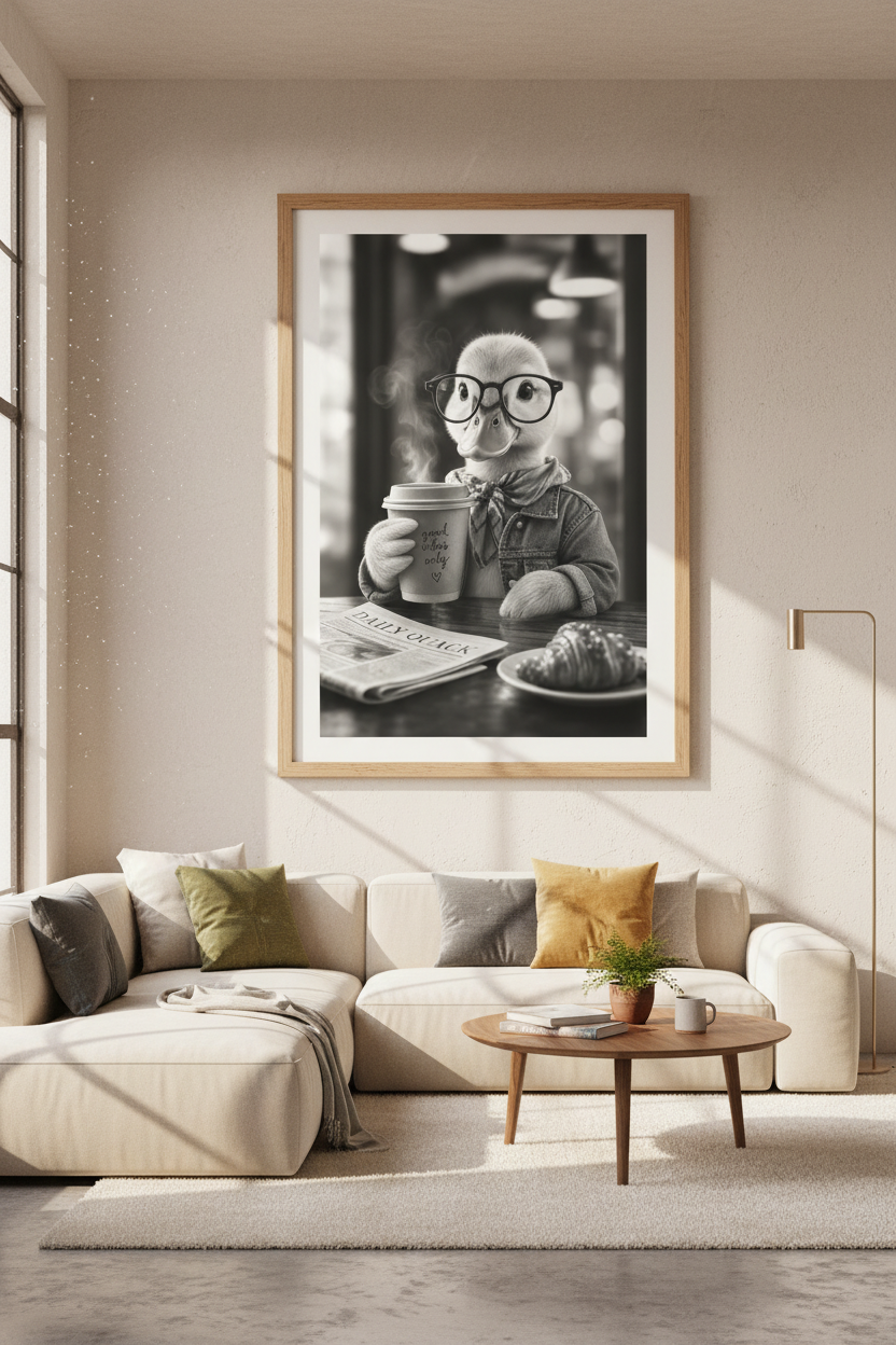 Duckling with Coffee Wall Art | Black and White Animal Print, Cafe Kitchen Decor