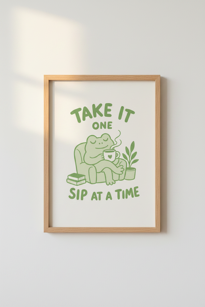 cute frog wall art | Whimsical Sage Green, Living Room Decor | Coffee Time Poster