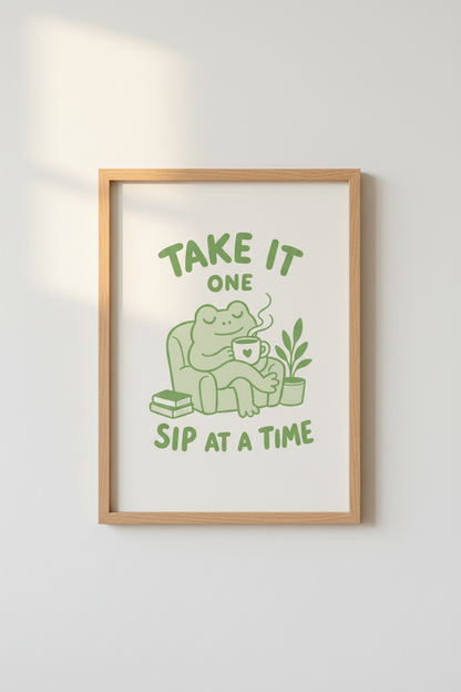 cute frog wall art | Whimsical Sage Green, Living Room Decor | Coffee Time Poster