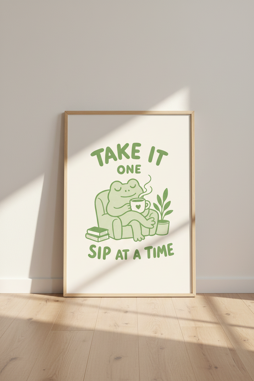 cute frog wall art | Whimsical Sage Green, Living Room Decor | Coffee Time Poster