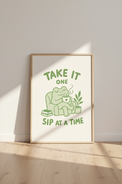cute frog wall art | Whimsical Sage Green, Living Room Decor | Coffee Time Poster