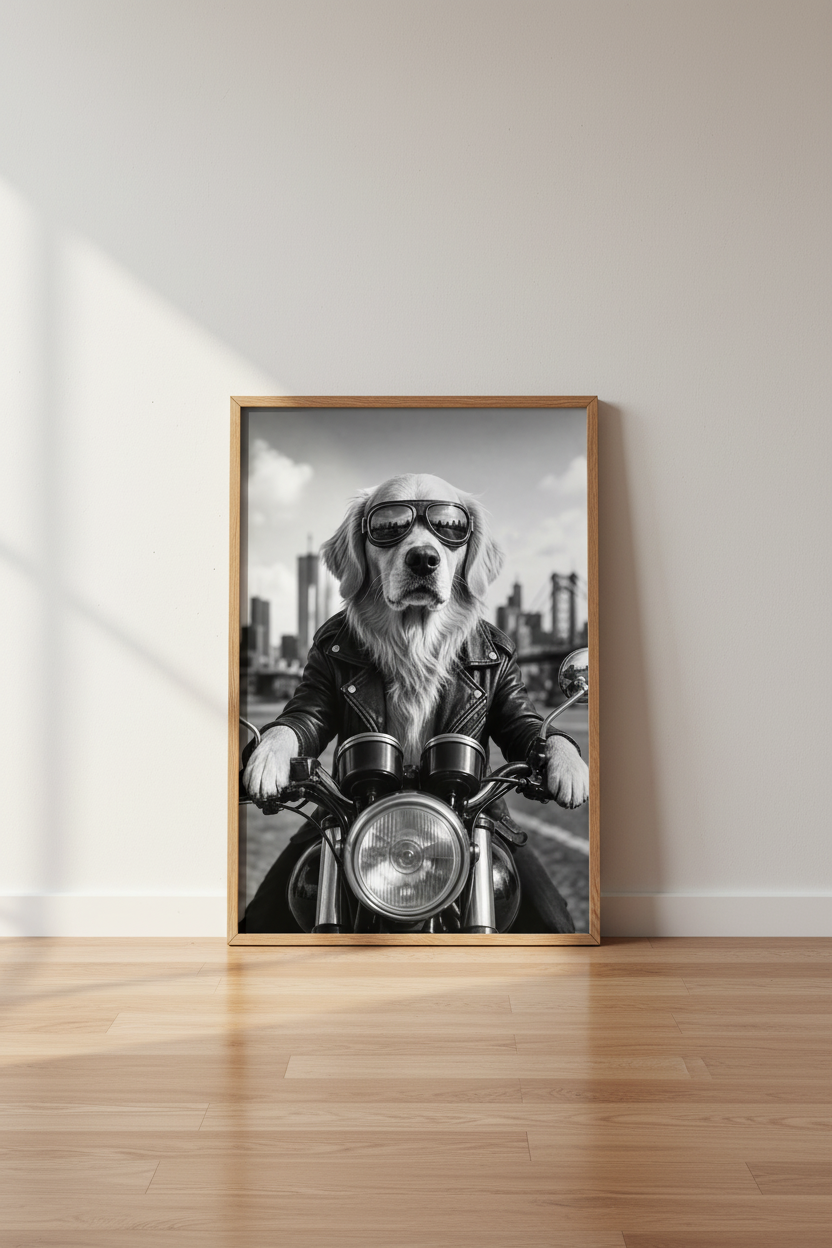 Golden Retriever Biker Wall Art | Modern Home Decor | Black and White Poster