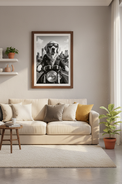 Golden Retriever Biker Wall Art | Modern Home Decor | Black and White Poster