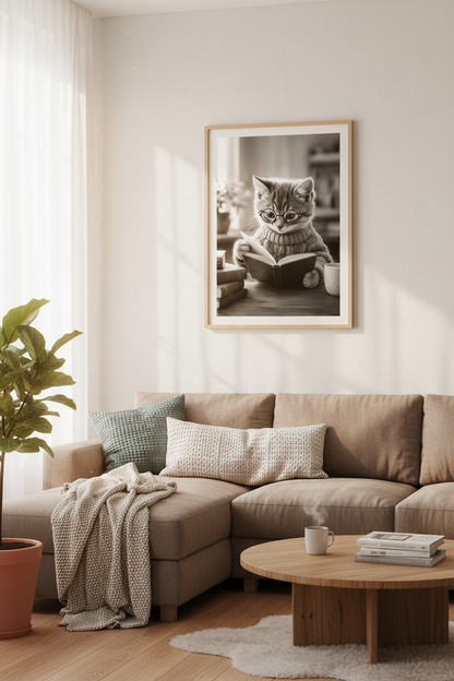 Reading Kitten Wall Art | Black and White Cat Poster, Library &amp; Office Decor