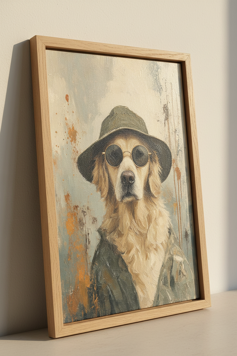 Golden Retriever Dog Oil Painting | Cool Animal Portrait, Neutral Living Room Decor