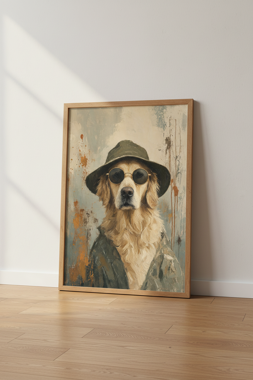 Golden Retriever Dog Oil Painting | Cool Animal Portrait, Neutral Living Room Decor
