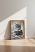 Reading Cat Wall Art Print | Black & White Library Decor | Academic Poster